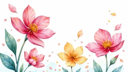 Delicate petal watercolor flowers on white background , background, floral
