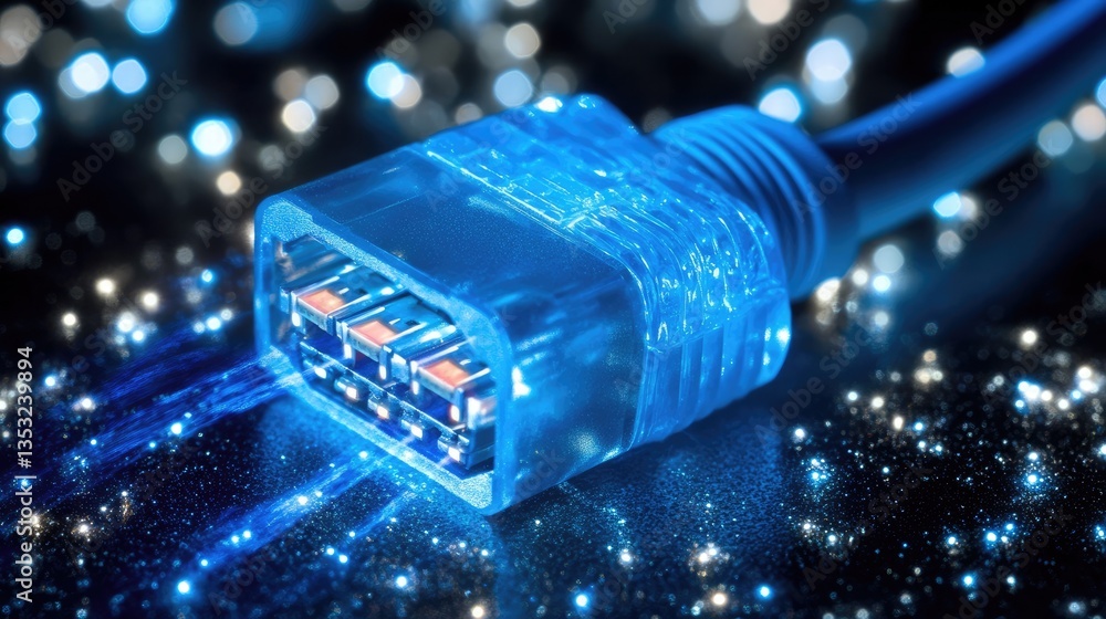 Poster close-up of a glowing usb connector with sparkling blue lights in the background, creating a tech-in