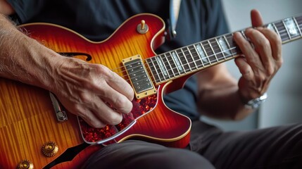 Obraz premium A man playing guitar outdoors, enjoying his favorite hobby