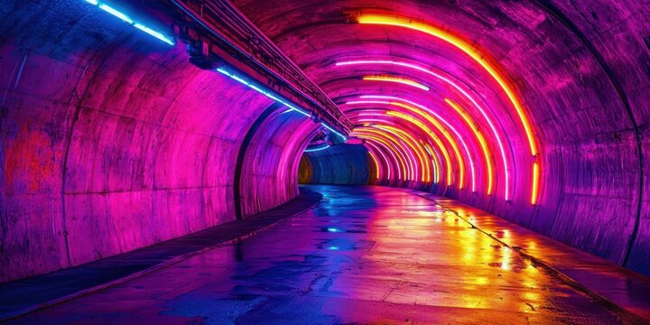 A vibrant neon tunnel with bright, electrifying colors and a cyberpunk atmosphere
