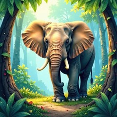 Dreamy watercolor depiction of an elephant in jungle environment, nursery decor, jungle