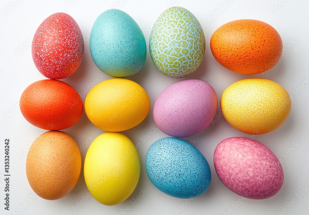 Poster colorful easter eggs arrangement on white background with various patterns and textures for spring c