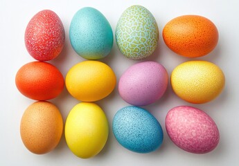 Obraz premium Colorful Easter Eggs Arrangement on White Background with Various Patterns and Textures for Spring Celebration and Festive Decoration Ideas
