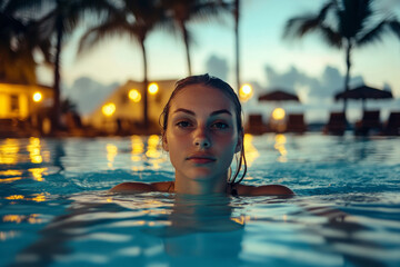 young woman swims in pool at hot resort in hotel in summer at dusk, camera at water level, yellow restaurant lights in background, tall palm trees in background