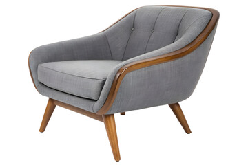 A supremely comfortable grey armchair invites relaxation, its mid-century modern design accented by warm wooden legs and a soft, plush texture.