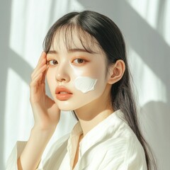 Radiant skincare, Young woman applying creamy mask for healthy complexion