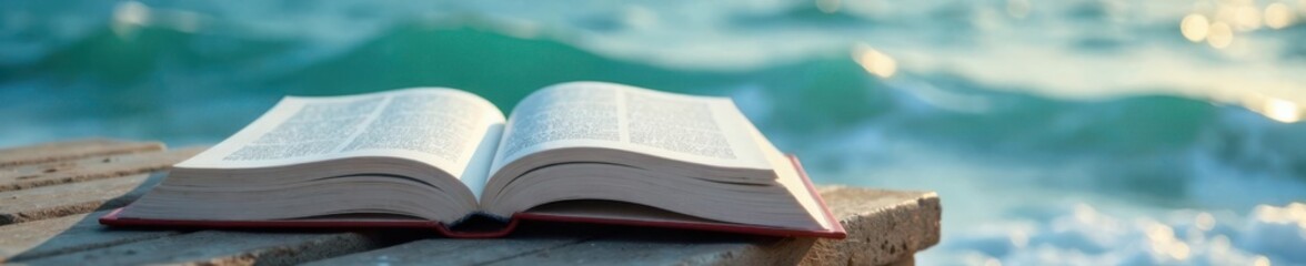 Obraz premium Floating book cover with soft focus on ocean waves, abstract, seashells