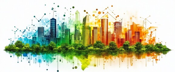 Fototapeta premium Vibrant Cityscape with Lush Green Landscape