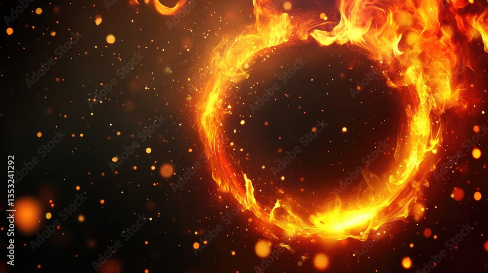 Poster fiery circular pattern glowing against a dark background, with sparks and particles creating a dynam