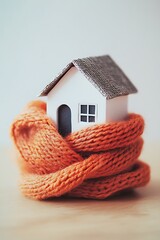 A miniature house wrapped in a warm scarf on a light background, a cozy representation perfect for winter energy-saving themes