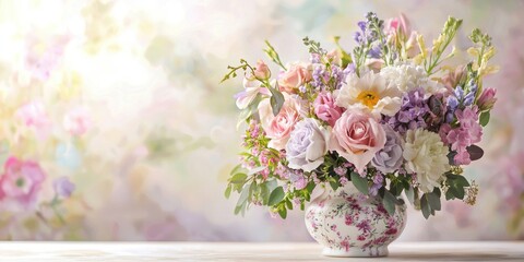 Fototapeta premium A watercolor-inspired floral arrangement in a vintage-style vase with soft pastel tones