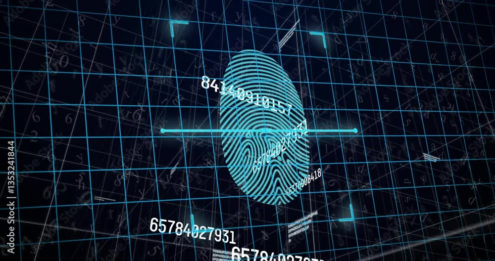 Poster scanning fingerprint with digital animation overlay on grid background