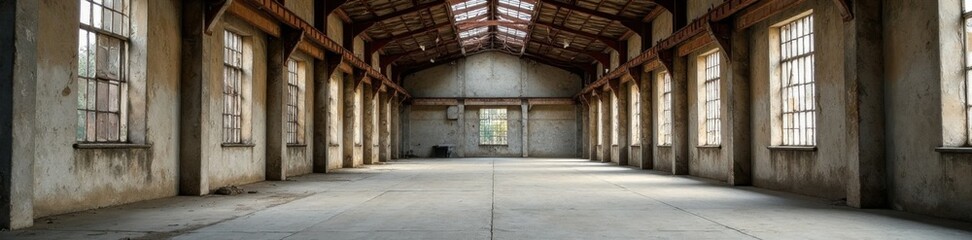 Old abandoned warehouse with crumbling concrete walls and rusty metal beams, neglected architecture, urban decay , textured black grunge background