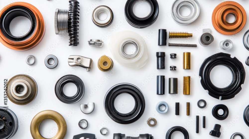 Poster flat lay of various mechanical parts and components on white background. (3)