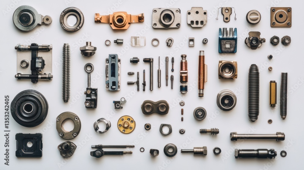 Aufkleber flat lay of various metal machine parts and components arranged on white background.