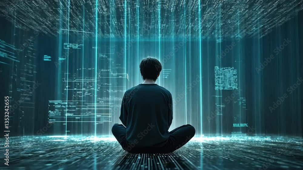 Poster digital seeker in a data-driven world, immersed in an abstract landscape of information, technology,