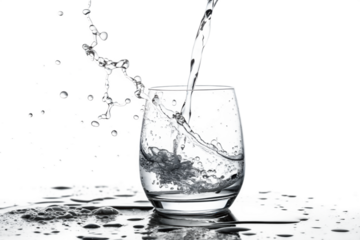 The refreshing rush of water cascading into a glass, creating a dynamic splash against a bright white background.