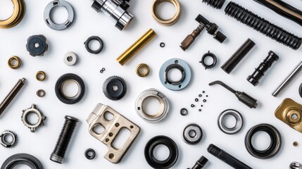 Fototapeta premium Flat lay of various metal parts and components on white background. (2)