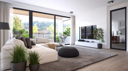 Naklejka premium Modern Living Room with Stylish Furniture and Bright Natural Light