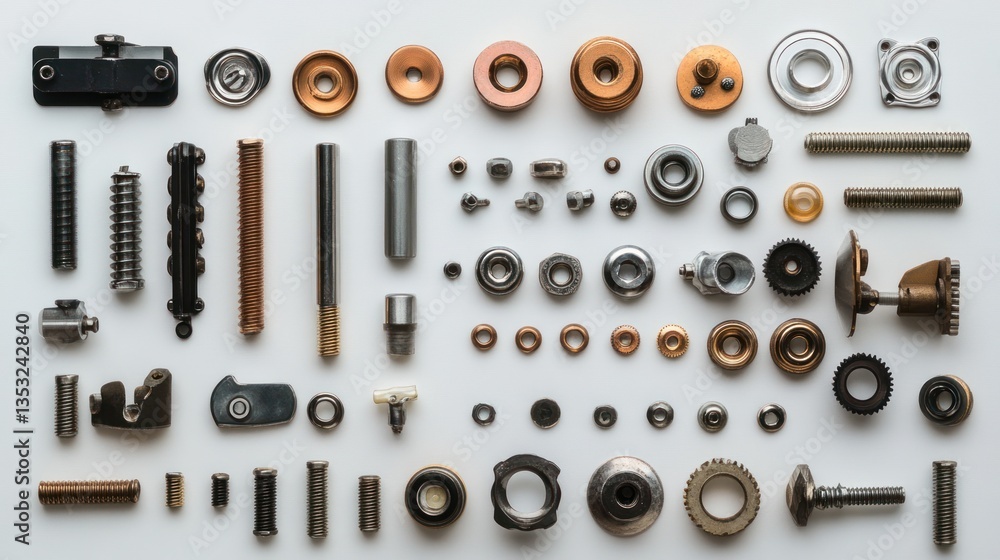 Poster flat lay of various metal parts and components.