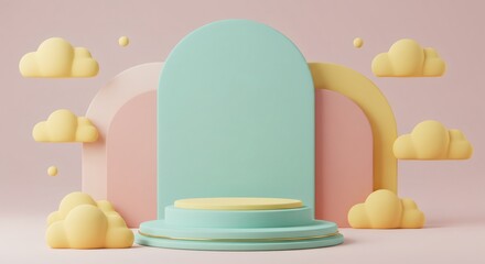 Pastel Podium Display with Arches and Clouds for Product Showcase