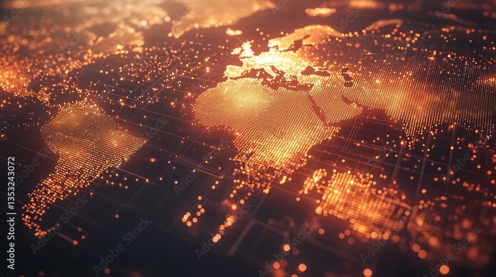 Aufkleber a glowing digital map of the world showcasing vibrant data points across continents and oceans at ni