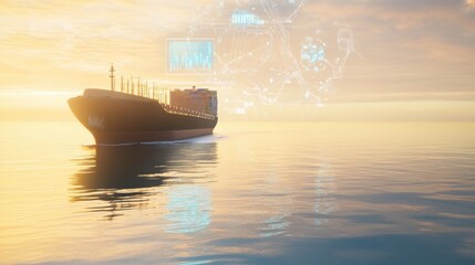 Modern cargo ship sailing with digital twin technology at sunrise ocean