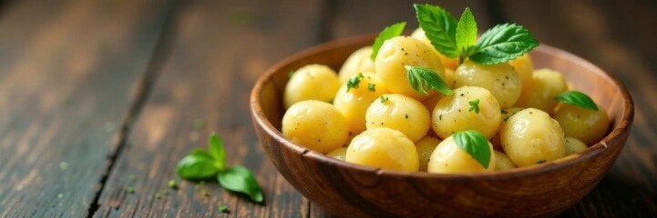 Soft gnocchi in wooden basket with fresh herbs , gnocchi, cooking, table setting