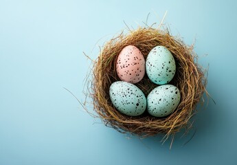 Obraz premium Colorful Easter Eggs in a Nest on a Light Blue Background for Spring Holiday Decoration and Celebration