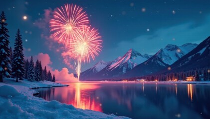 Sparkling fireworks exploding in the night sky over a calm frozen lake with snow-covered mountains and festive decorations, Snow Covered Mountains, New Year's Eve