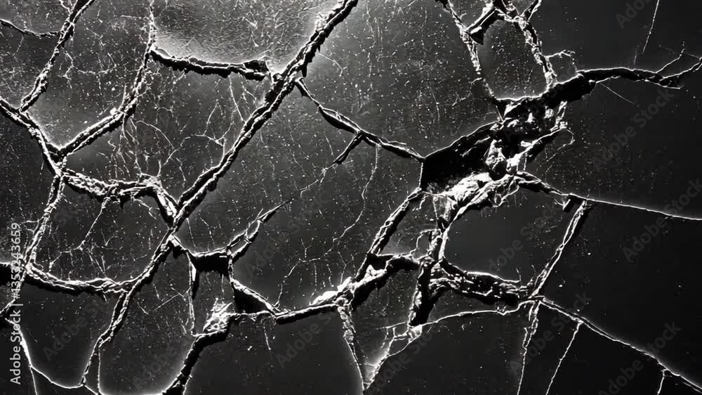 Poster abstract black and white cracked surface with detailed texture resembling dried mud or paint, showca