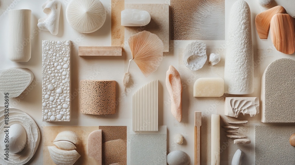 Aufkleber Flat lay of various neutral-toned textured objects and shapes arranged on a white background.