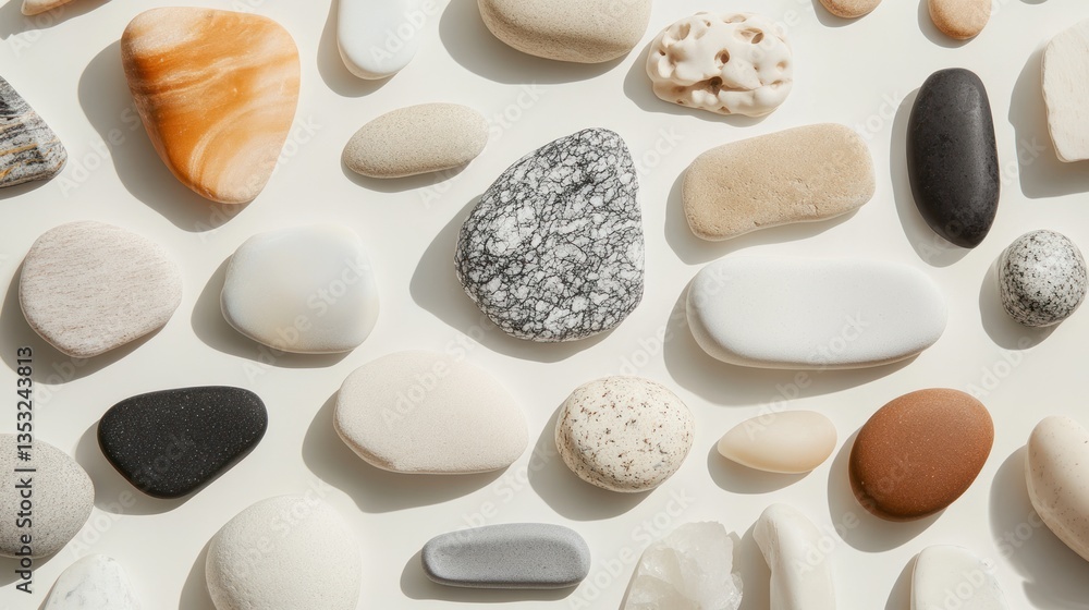 Poster flat lay of various smooth stones in different colors and shapes on a white background.