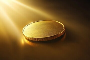 A single golden coin illuminated by radiant directional light