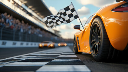 Orange Sports Car Crossing Finish Line With Checkered Flag Winning Car Race Event