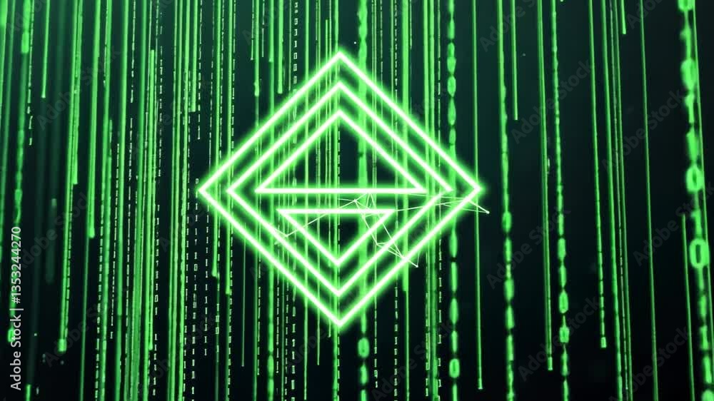 Poster futuristic abstract background with green matrix code elements featuring geometric shapes and dynami