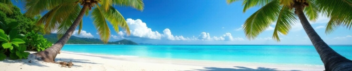 Fototapeta premium White sandy beach with palm trees and turquoise water on a tropical island in the distance , tropical, sun, island