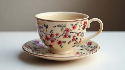 Floral teacup and saucer set on white background.