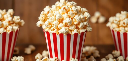 Red and white striped cardboard box overflowing with fluffy popcorn, caramel, food, red box