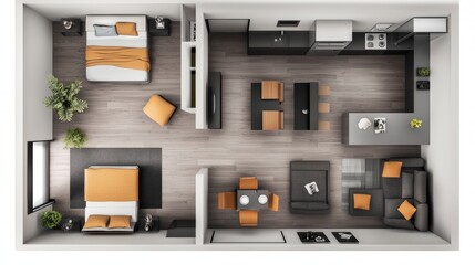 Modern Apartment Layout with Stylish Furniture and Orange Accents