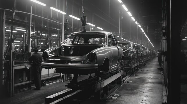 A vintage car assembly line in a factory setting.
