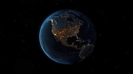 Fototapeta premium A stunning view of Earth at night showcasing illuminated cities across North America and parts of South America