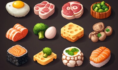 Food simple objects. Shrimp, meat steak, salmon slice, fried egg, cheese, bread, mushroom, broccoli vegetable. 3d vector cartoon icon set