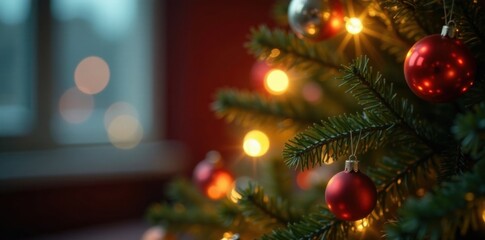 Blurred shiny lights reflecting off a polished Christmas tree branch, Sparkling Decorations, Sparkling Beauty, Reflective Surface