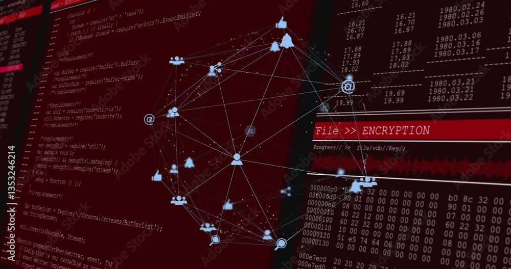 Poster processing encryption data, digital code background with network of connections