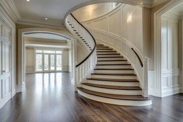 Obraz premium Grand curved staircase in a luxurious foyer with open-plan living