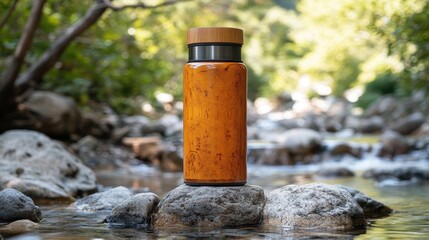 An insulated bottle rests on a rock in a stream setting