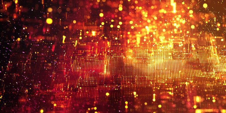 A cybernetic background filled with glowing code fragments and futuristic typography