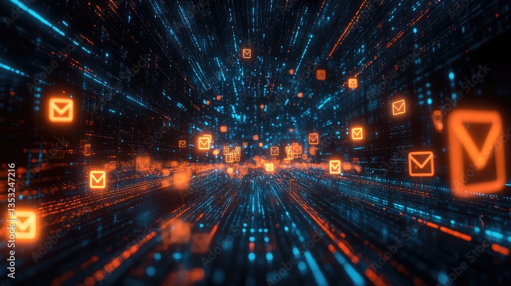 Poster abstract digital landscape depicting vibrant data streams and glowing email icons in a futuristic en