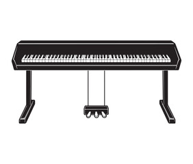 Silhouette piano keys isolated on white. Minimalist digital piano illustration with pedals.